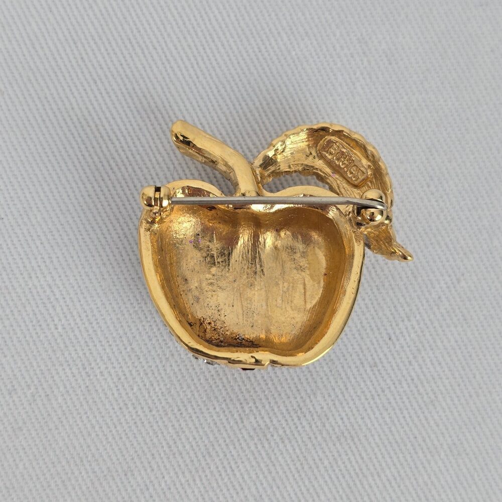 Vintage Butler Apple Brooch Gold Tone Rhinestone Crystal Fruit Pin Red Stripe - Picture 3 of 5